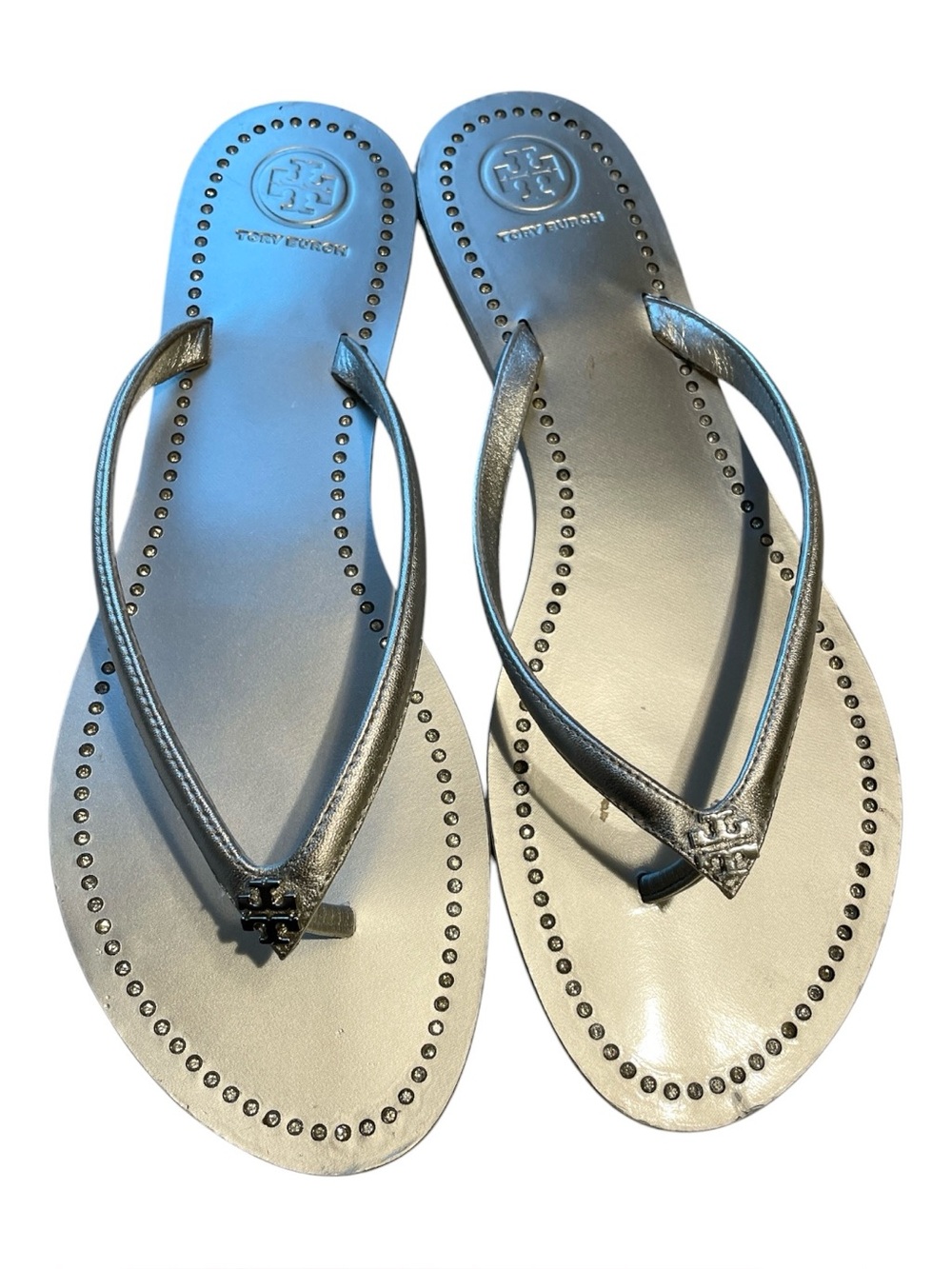 Tory Burch Metallic Silver & Crystal Flip Flop Sandals